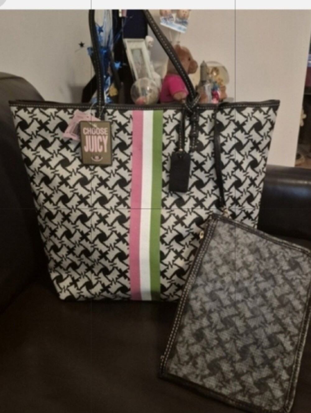 Y2K Juicy Couture Black & White  Tote with Pink and Green Stripe New Old Stock